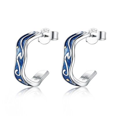 0.07oz 1.4x1.2cm ต่างหูเครื่องประดับเงินแท้ Blue Trendy Moon Star Earring