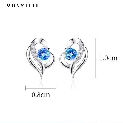 0.04oz 1x0.8cm ต่างหูหัวใจเงินแท้ SGS ต่างหูหินสีฟ้า girlfriend