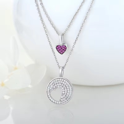 YASVITTI Wholesale โรเดียมเคลือบ 925 สเตอร์ลิง เงิน Zircon เครื่องประดับที่กําหนดเอง โรแมนติก Pink Heart Bling Charm Necklace
