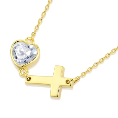 YASVITTI Bezel Heart Cubic Zirconia Necklace 925 เงิน คลาสสิก Cross Plain Necklace 18K โรงงานขายส่งทองคํา