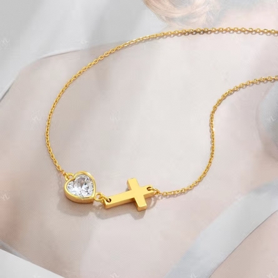 YASVITTI Bezel Heart Cubic Zirconia Necklace 925 เงิน คลาสสิก Cross Plain Necklace 18K โรงงานขายส่งทองคํา