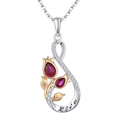 YASVITTI 925 เงินสเตอร์ลิ่ง คลาสสิก Ruby Rose Flower Pendant Necklace Cubic Zircon Love Engraved Necklace ขายปลีก