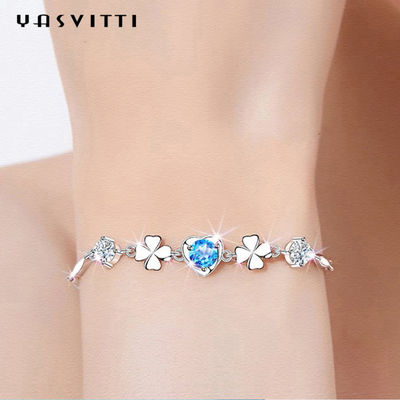 7.7in 0.15oz สร้อยข้อมือเครื่องประดับเงินสเตอร์ลิง SGS อินเทรนด์ Four Leaf Clover Bracelet
