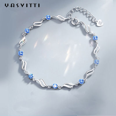 4.5g 0.62ft สร้อยข้อมือเงินแบบปรับได้อินเทรนด์สร้อยข้อมือคริสตัลสีน้ำเงินชุบโรเดียม