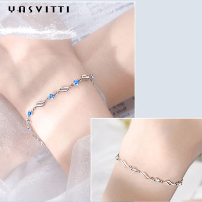 4.5g 0.62ft สร้อยข้อมือเงินแบบปรับได้อินเทรนด์สร้อยข้อมือคริสตัลสีน้ำเงินชุบโรเดียม