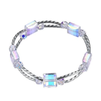 2.6in 0.38oz สร้อยข้อมือคริสตัลสแควร์ 3 ชั้นสังเคราะห์ Slider Silver Bracelet