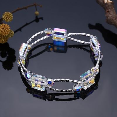 2.6in 0.38oz สร้อยข้อมือคริสตัลสแควร์ 3 ชั้นสังเคราะห์ Slider Silver Bracelet
