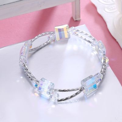 2.6in 0.38oz สร้อยข้อมือคริสตัลสแควร์ 3 ชั้นสังเคราะห์ Slider Silver Bracelet