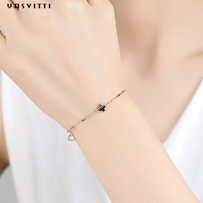 Four Leaf 7.87in 1.53g Black Shell Bracelet สร้อยข้อมือคริสตัลสีเงิน OEM
