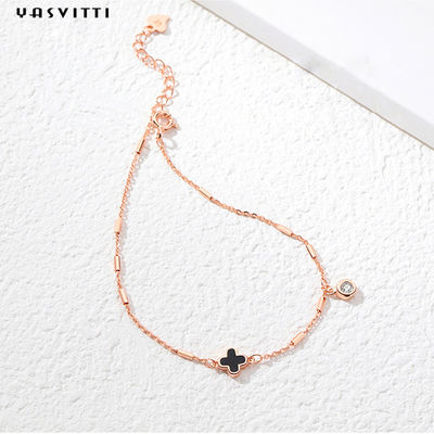 Four Leaf 7.87in 1.53g Black Shell Bracelet สร้อยข้อมือคริสตัลสีเงิน OEM