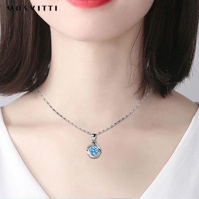 สร้อยคอเงินแท้ทรงเรขาคณิตหรูหรา Blue Topaz Stone สร้อยคอจี้เครื่องประดับ