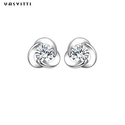 925 เงินสเตอร์ลิง Clover Zircon ต่างหูดอกไม้ Zircon Stud ต่างหู Simple Clover Diamond Earrings