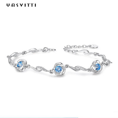 7.3in 5.2g สร้อยข้อมือเครื่องประดับเงินแท้ AAA CZ Blue Rhinestone Bracelet