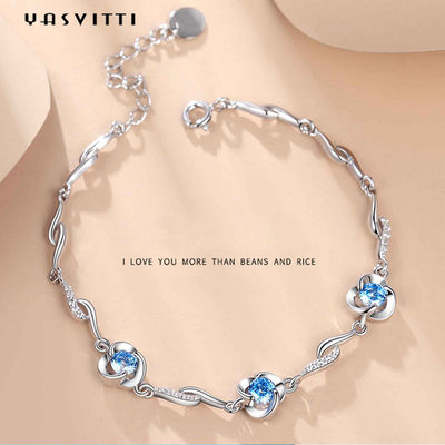 7.3in 5.2g สร้อยข้อมือเครื่องประดับเงินแท้ AAA CZ Blue Rhinestone Bracelet