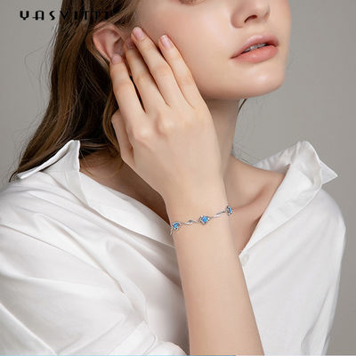 7.3in 5.2g สร้อยข้อมือเครื่องประดับเงินแท้ AAA CZ Blue Rhinestone Bracelet