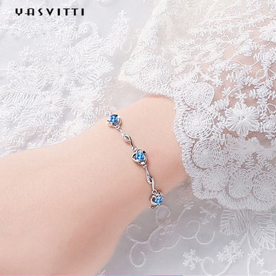 7.3in 5.2g สร้อยข้อมือเครื่องประดับเงินแท้ AAA CZ Blue Rhinestone Bracelet