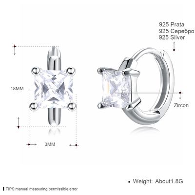 1.2 ซม. 316L SS Square Cubic Zirconia ต่างหู 3A CZ ต่างหูเงินแท้
