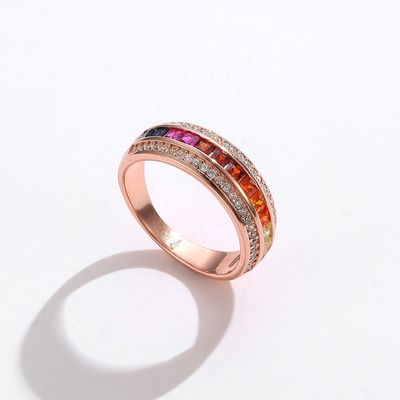 Rose Gold Plated Silver 925 แฟชั่นหรูหราสีสัน Rainbow Zircon แหวนผู้หญิงเครื่องประดับ