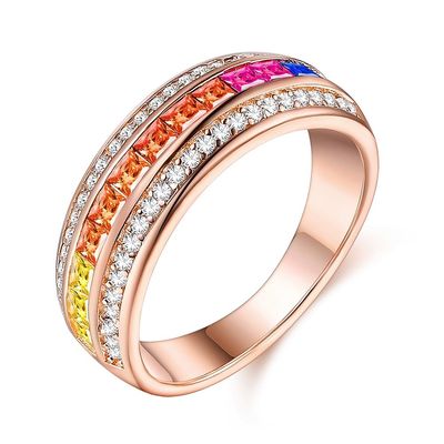 Rose Gold Plated Silver 925 แฟชั่นหรูหราสีสัน Rainbow Zircon แหวนผู้หญิงเครื่องประดับ