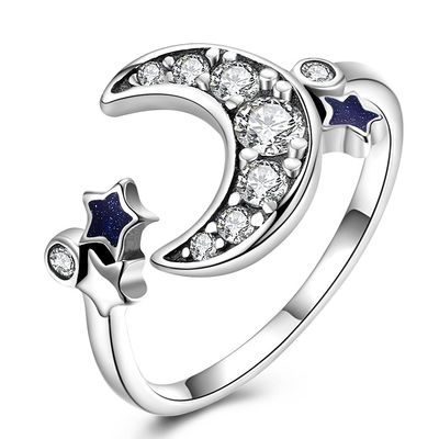 Dainty Star และ Crescent Moon เปิดแหวน 925 เงินสเตอร์ลิงสำหรับผู้หญิงวัยรุ่นหญิงคริสตัล Eternity Rings