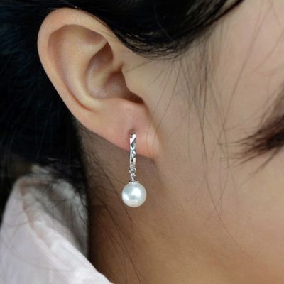 Vintage Pearl Platinum Plated Custom Hoop ต่างหู Geometric สำหรับผู้หญิง