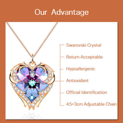 เครื่องประดับเงิน 18 นิ้ว 8.2 สร้อยคอหัวใจใหญ่พร้อมคริสตัลสวารอฟสกี้สีทองคริสตัลอินเทรนด์สร้อยคอ