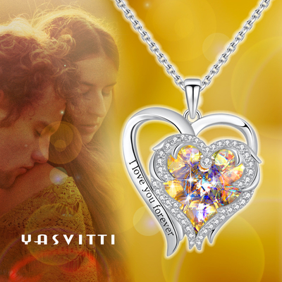 0.79x0.98in Sterling Silver Double Heart Necklace Austrian crystal Yellow Crystal