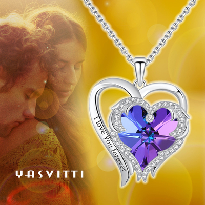 สร้อยคอจี้หัวใจเงินแท้ 925 ปลอดสารก่อภูมิแพ้ Austrian crystal คริสตัลสีม่วง