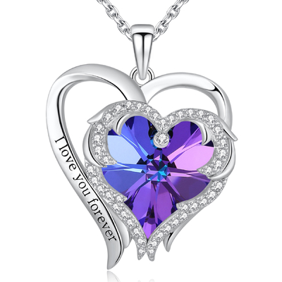 สร้อยคอจี้หัวใจเงินแท้ 925 ปลอดสารก่อภูมิแพ้ Austrian crystal คริสตัลสีม่วง