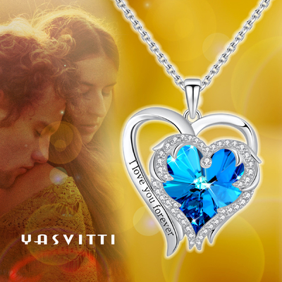 0.79x0.98in Double Heart Cross สร้อยคอ Austrian crystal Blue Crystal 925 Sterling Silver