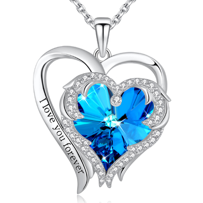 0.79x0.98in Double Heart Cross สร้อยคอ Austrian crystal Blue Crystal 925 Sterling Silver